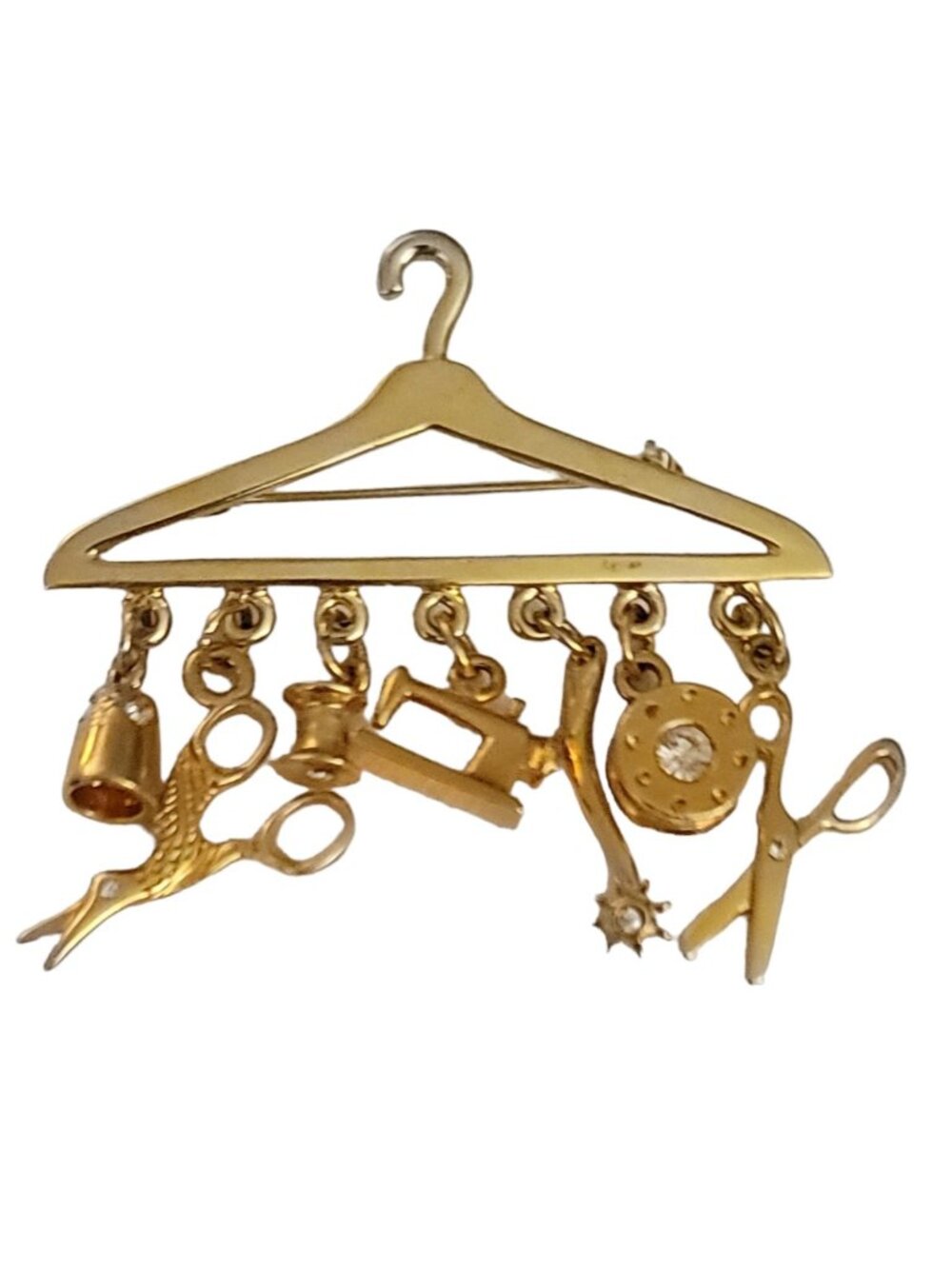 Gold Tone Coat Hanger Sewing Thread Bobbin Charm Dangle Brooch K675